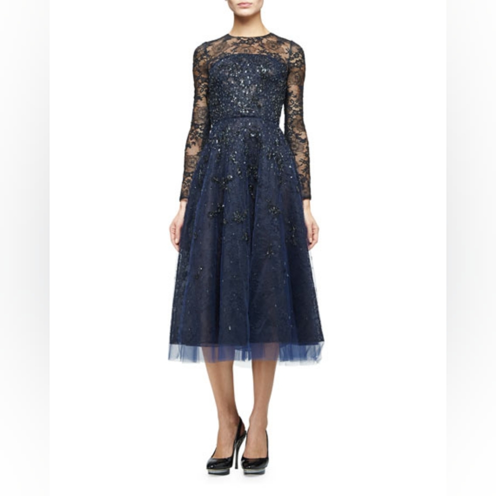 $5,890 OSCAR DE LA RENTA NEW BEAD ESTABLIS NAVY BLACK RUNWAY DRESS US 10